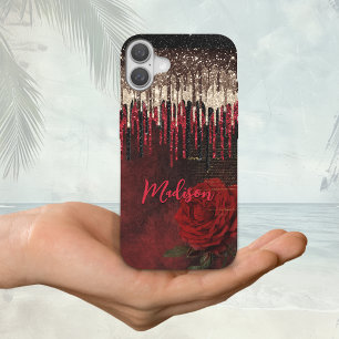 Chic red flower gold drips glitter monogram Case-M iPhone 16 Case