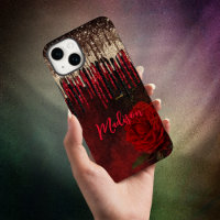 Chic red flower gold drips glitter monogram