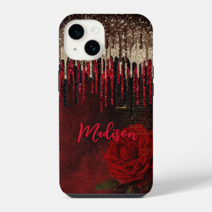 Chic red flower gold drips glitter monogram iPhone 14 case