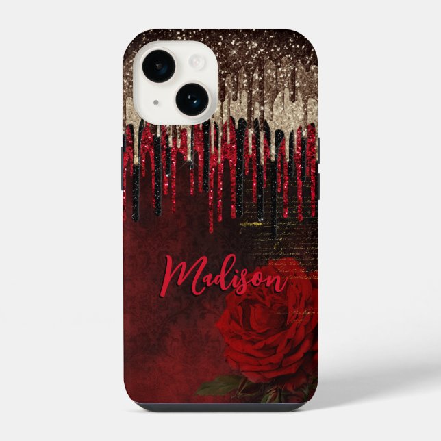 Chic red flower gold drips glitter monogram iPhone case (Back)