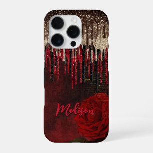 Chic red flower gold drips glitter monogram iPhone 16 pro case