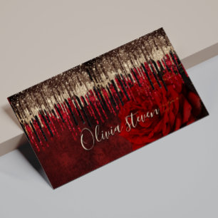 Chic red flower gold drips glitter monogram Magnetic business card