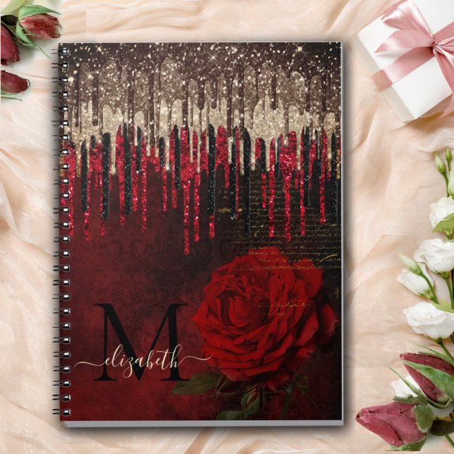 Chic red flower gold drips glitter monogram notebook (Creator Uploaded)
