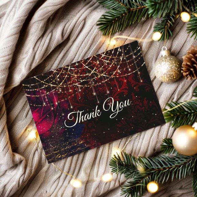 Chic red flower holiday glitter lights  thank you card (Creator Uploaded)