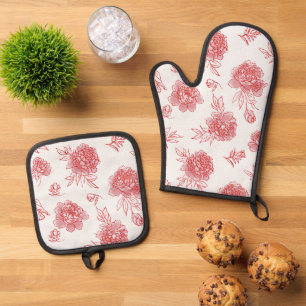 Chic Red Flowers Oven Mitt & Pot Holder Set