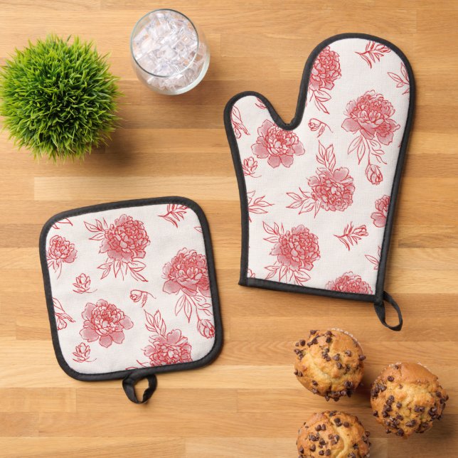 Chic Red Flowers   Oven Mitt & Pot Holder Set (Top Down)