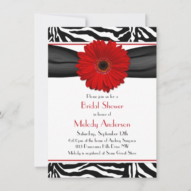 Chic Red Gerber Daisy Zebra Print Bridal Shower Invitation (Front)