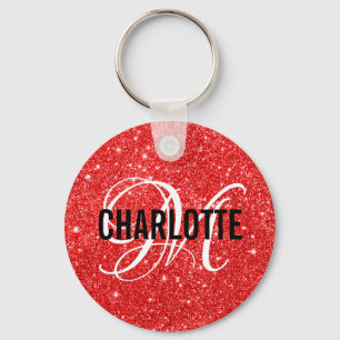 Chic red glitter monogram name keychain
