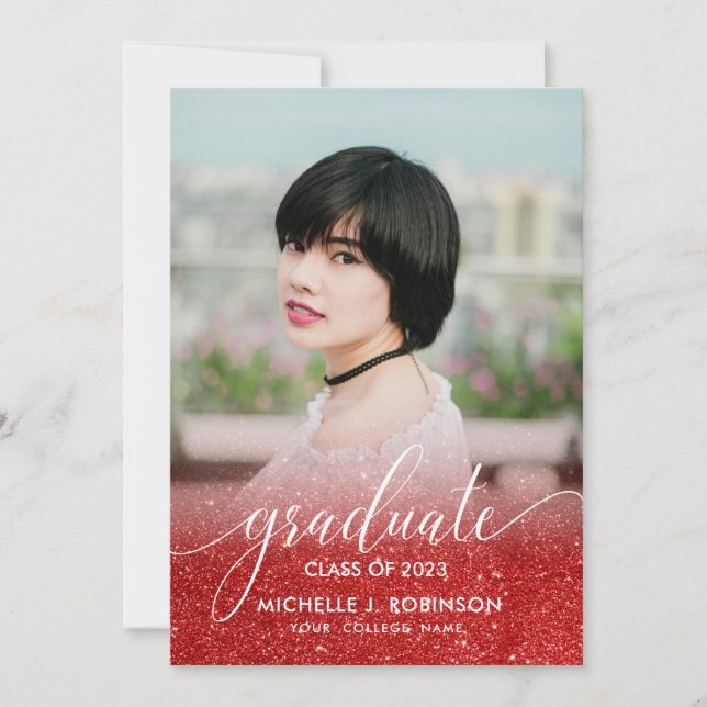 Chic Red Glitter Ombre Girly Photo Graduation Announcement (Front)