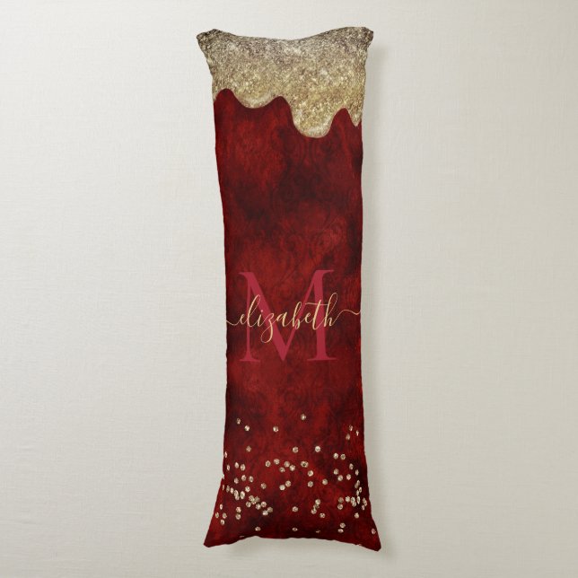 Chic red gold drippings glitter monogram body cushion (Front Vertical)