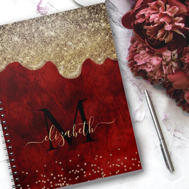 Chic red gold drippings glitter monogram notebook (Creator Uploaded)