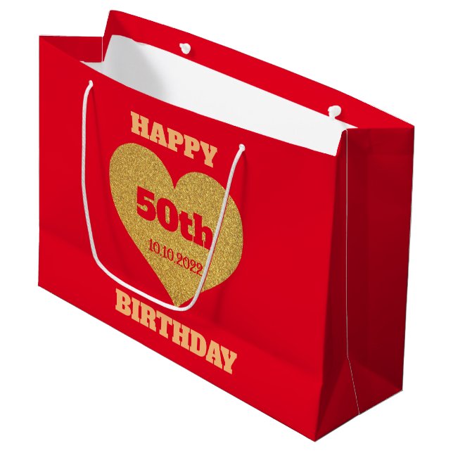 Chic Red & Gold Glitter Heart Happy 50th Birthday  Large Gift Bag (Front Angled)