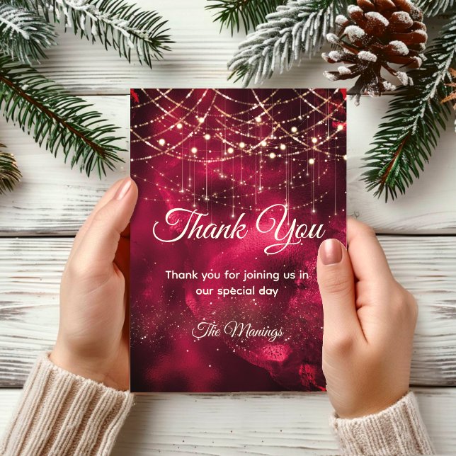 Chic red gold holiday lights thank you card (Creator Uploaded)