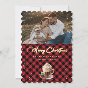Chic Red Gold Plaid Photo Merry Christmas Holiday Card