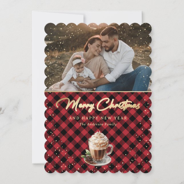 Chic Red Gold Plaid Photo Merry Christmas Holiday Card (Front)