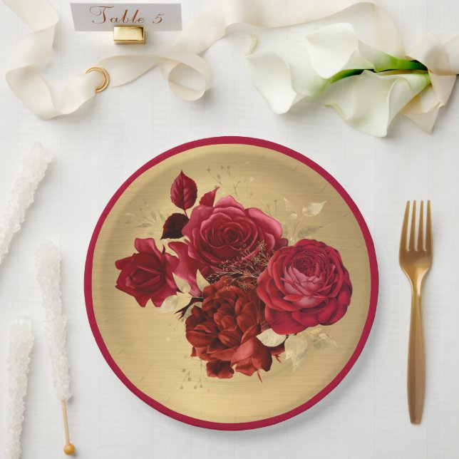 Chic Red Gold Roses Floral Paper Plate (Wedding)