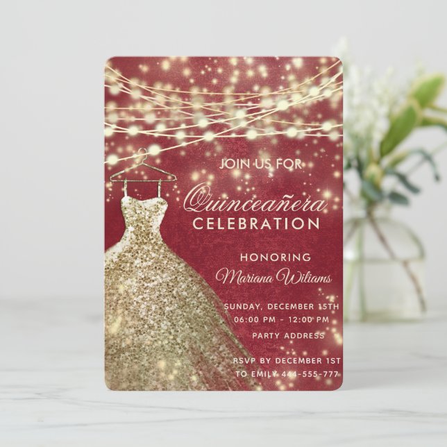 Chic red gold String lights glitter dress Quince Invitation (Standing Front)
