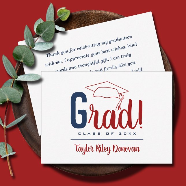 Chic Red Grad Cap Graduation Card (3.5" x 5" navy blue and red Grad and graduation cap flat note cards, your message on the back)