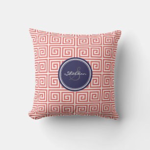 Chic red greek key geometric patterns monogram cushion