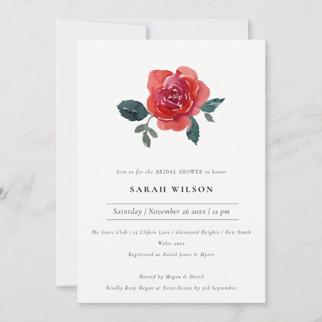 CHIC RED GREEN ROSE FLORAL BRIDAL SHOWER INVITE (Front)