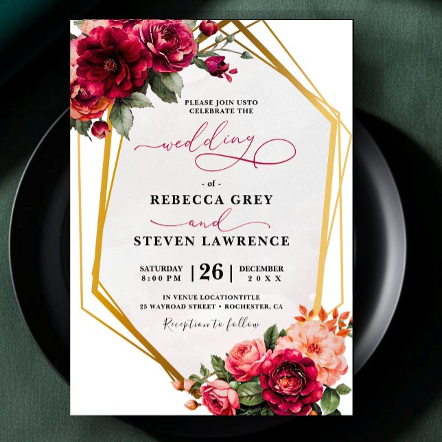 Chic red grey floral wedding  invitation (Creator Uploaded)