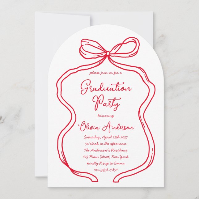 Chic Red Hand Drawn Bow & Script Graduation Party Invitation (Front)