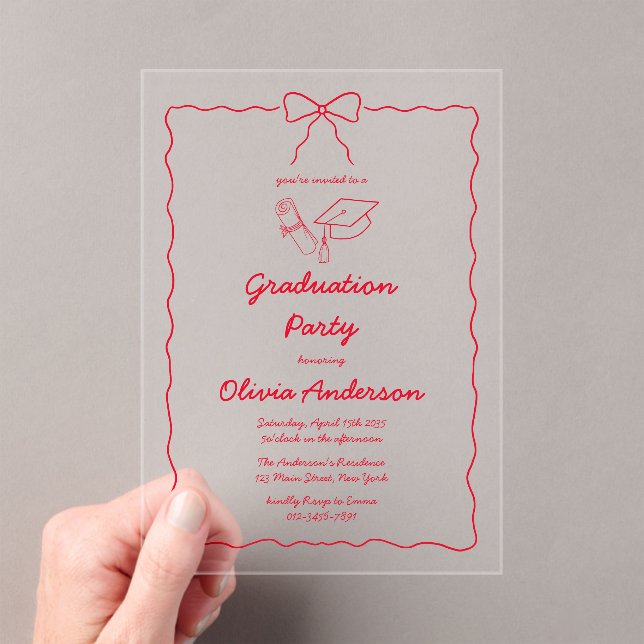 Chic Red Hand-Drawn Bow Squiggle Graduation Party Acrylic Invitations (Insitu (Handheld))