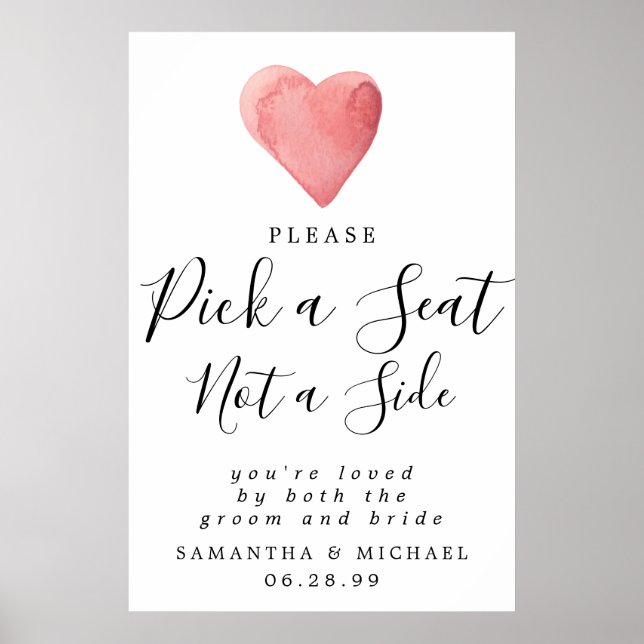 Chic Red Heart Pick A Seat Not A Side Wedding Sign (Front)