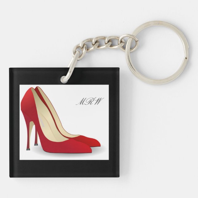 Chic Red High Heel Pump Shoes Monogram Initials Key Ring (Back)