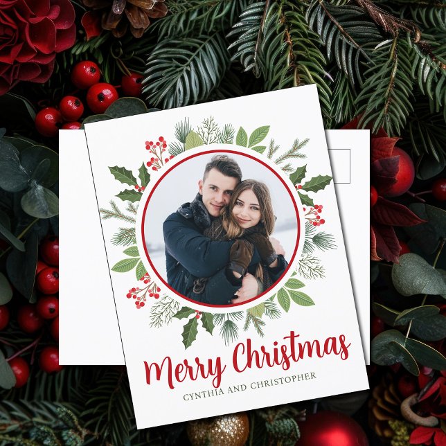 Chic Red Holly Berry Christmas Wreath Couple Photo Holiday Postcard (Creator Uploaded)
