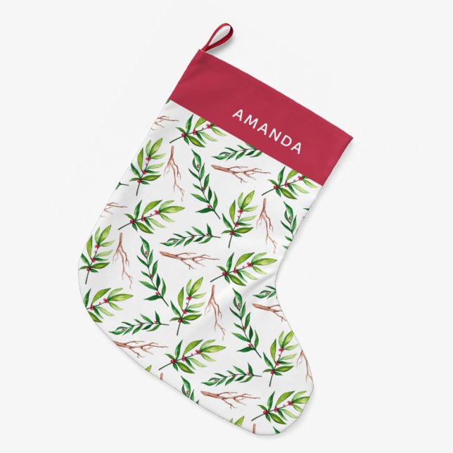 Chic Red Holly Leaves Pattern Holiday Personalised Large Christmas Stocking (Front (Hanging))