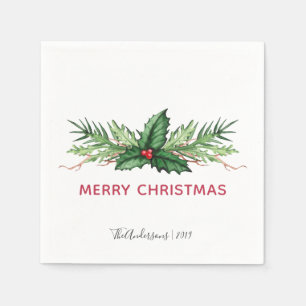Chic Red Holly Painted Bouquet Christmas Holiday Napkin