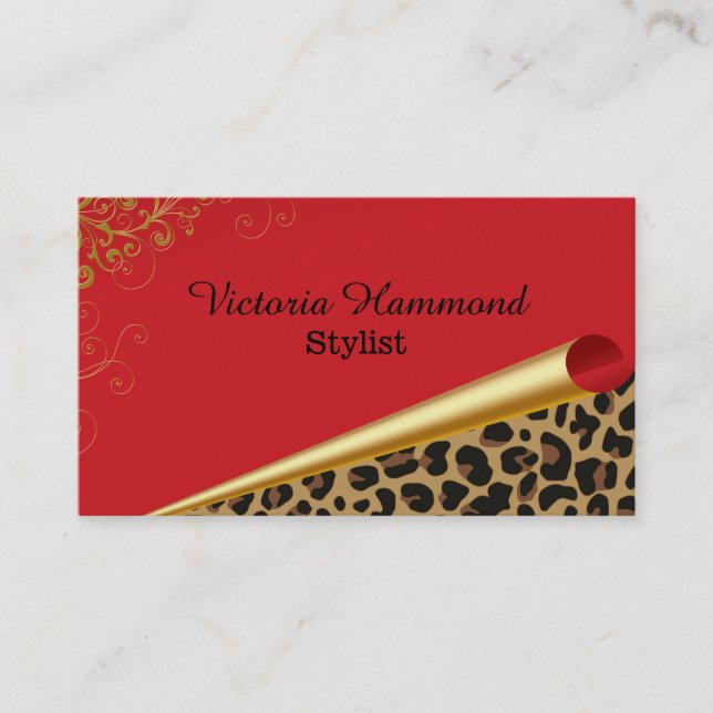 Chic Red & Jaguar Print Business Card (Front)