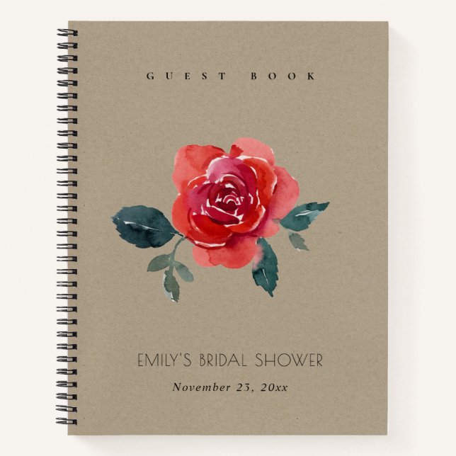 CHIC RED KRAFT ROSE FLORAL BRIDAL SHOWER GUESTBOOK NOTEBOOK (Front)