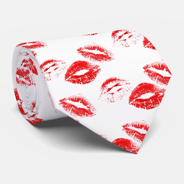 Chic Red Lip Print Tie on White Background (Rolled)