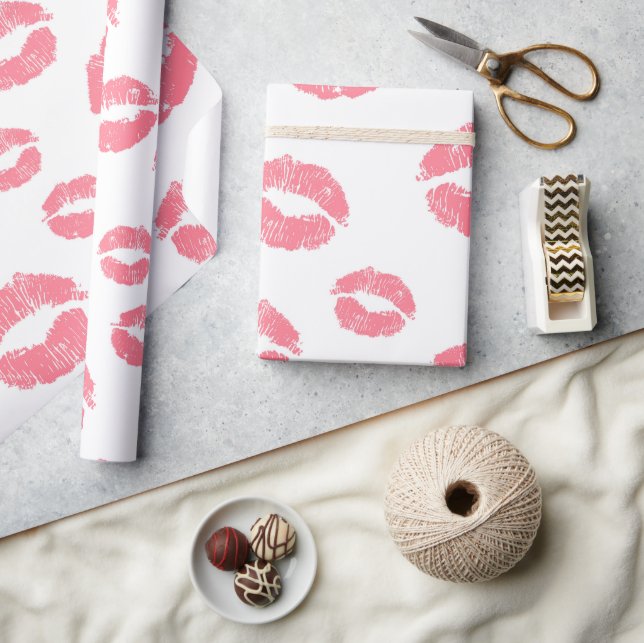 Chic Red Lipstick Kisses Valentine's Day Wrapping Paper (Crafts)