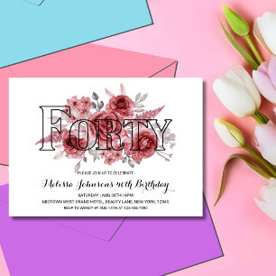 Chic Red Maroon Greenery Floral 40th Birthday Invitation