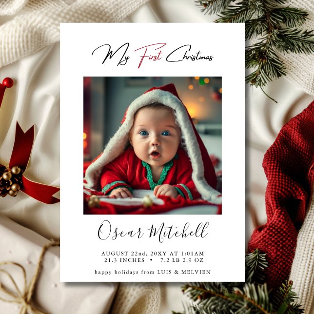 Chic Red My First Christmas Baby Photo Simple Holiday Card (Creator Uploaded)