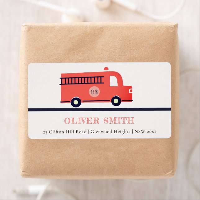 Chic Red Navy Fire Truck Engine Birthday Address (Insitu)