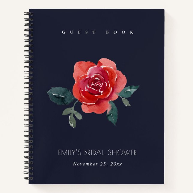CHIC RED NAVY ROSE FLORAL BRIDAL SHOWER GUESTBOOK NOTEBOOK (Front)