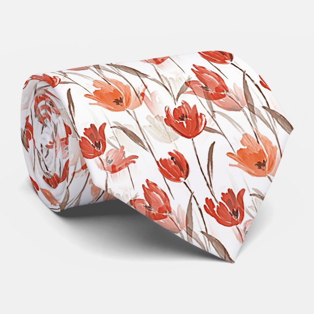 Chic Red Orange Pretty Poppy Flowers Watercolor Tie (Rolled)