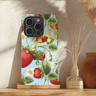 Chic Red, Pastel Blue and Gold Strawberry Fruit  iPhone 15 Case