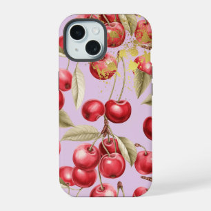 Chic Red, Pastel Mauve Cherry Fruit with Gold iPhone 15 Case