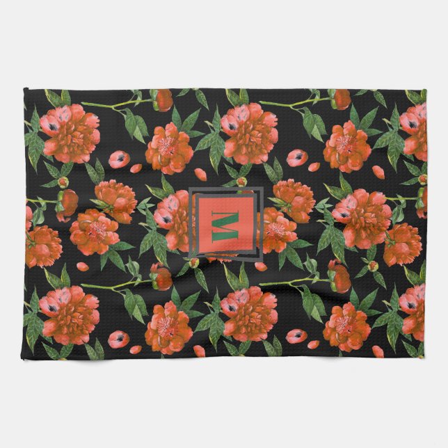 Chic Red Peonies Blooming Flowers Pattern Monogram Tea Towel (Horizontal)