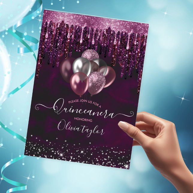 Chic red pink drips glitter balloons Quinceanera   Invitation (Creator Uploaded)
