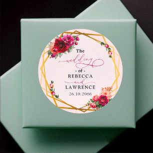 Chic red pink floral and faux gold wedding classic round sticker