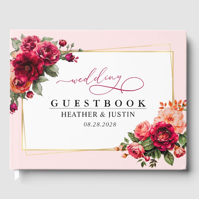 Chic red pink floral and faux gold wedding guest book (Front)