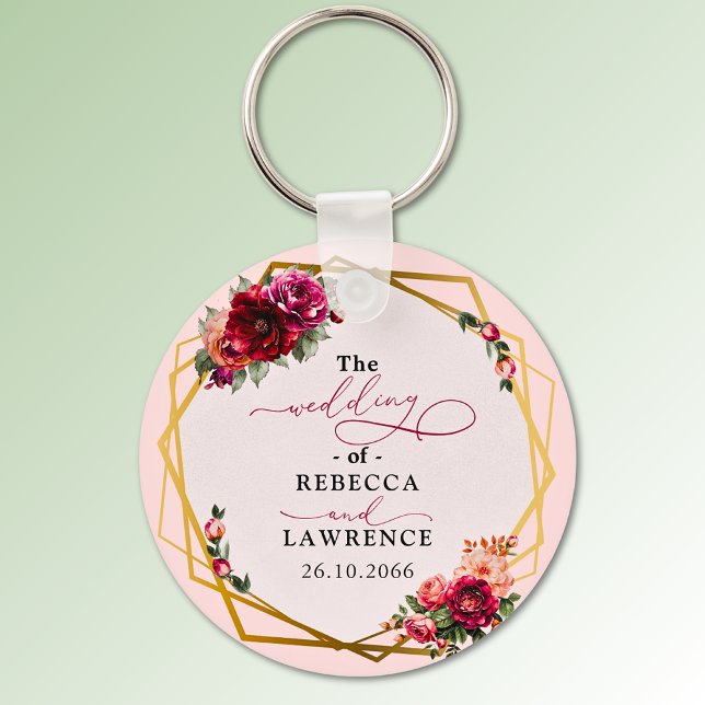 Chic red pink floral and faux gold wedding key ring (Creator Uploaded)