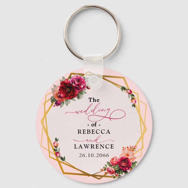 Chic red pink floral and faux gold wedding key ring (Front)