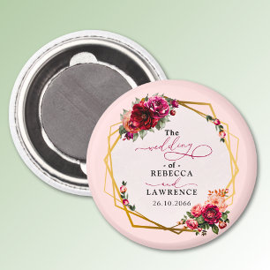 Chic red pink floral and faux gold wedding magnet